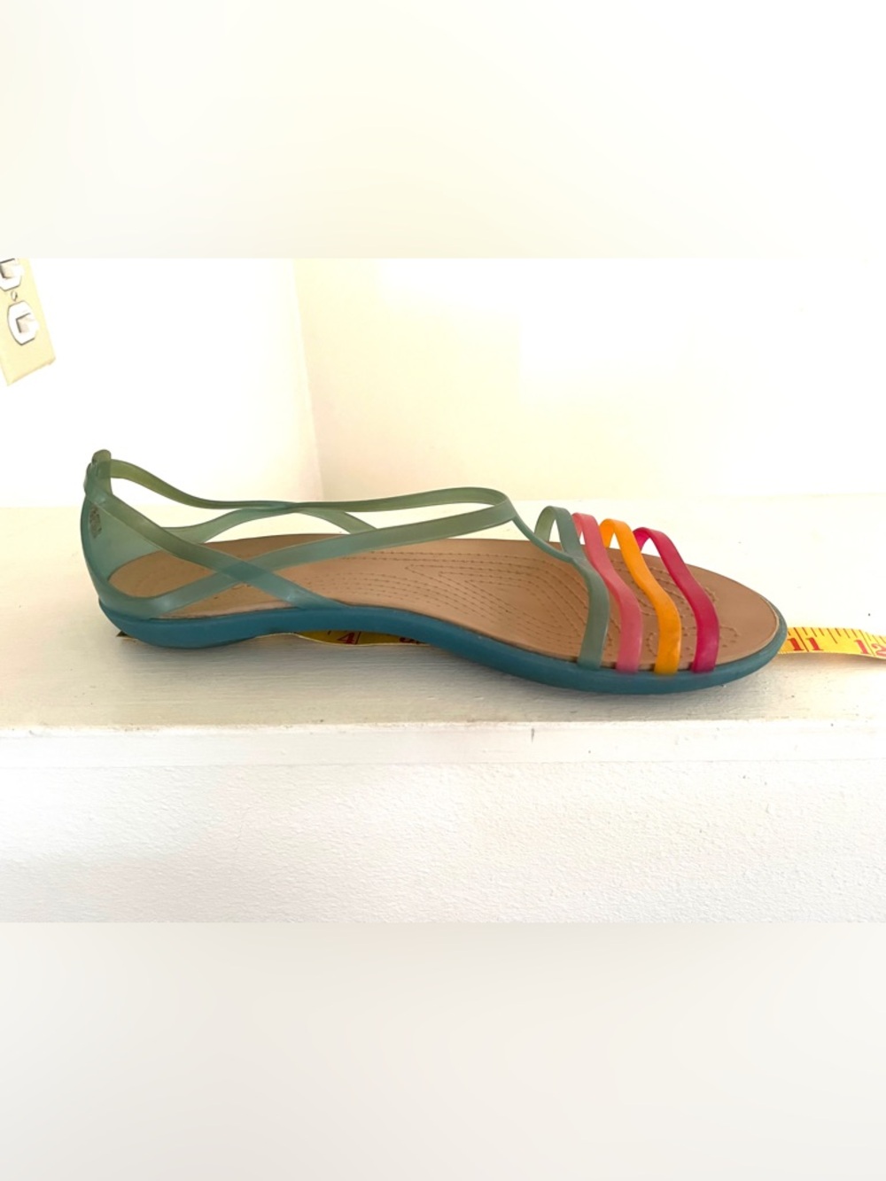 Vintage Women’s Green Strappy Iconic CROCS Sandals with Orange & Yellow Accents - Picture 6 of 9